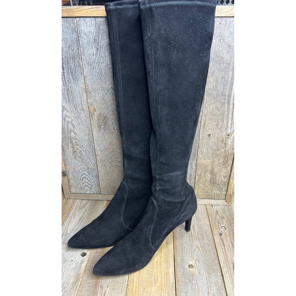 Stuart Weitzman Black Suede Pointed Toe Kitten Heel Knee High Boots 7M Spain